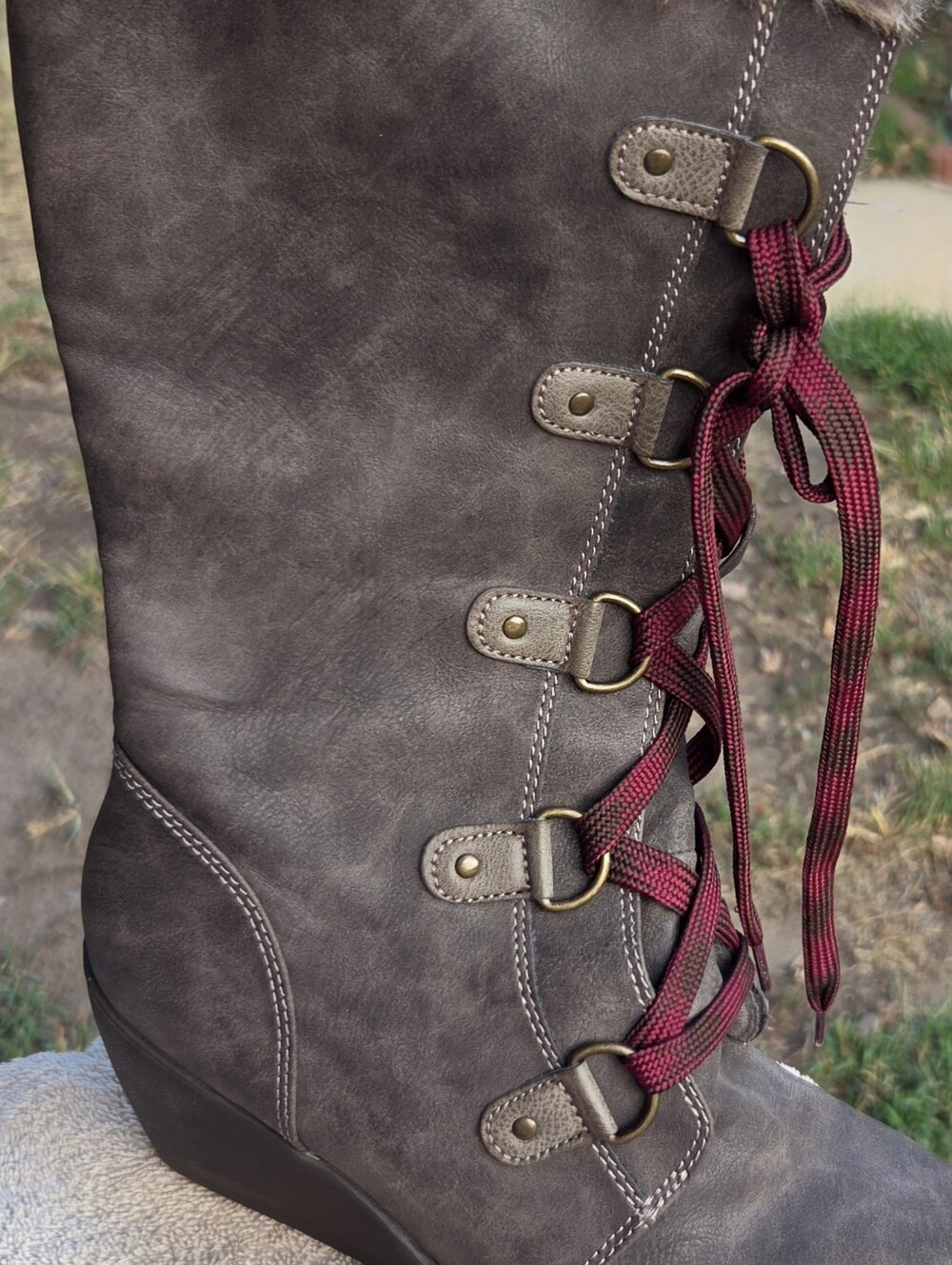 Lace-Up Combat Boots with Burgundy Laces